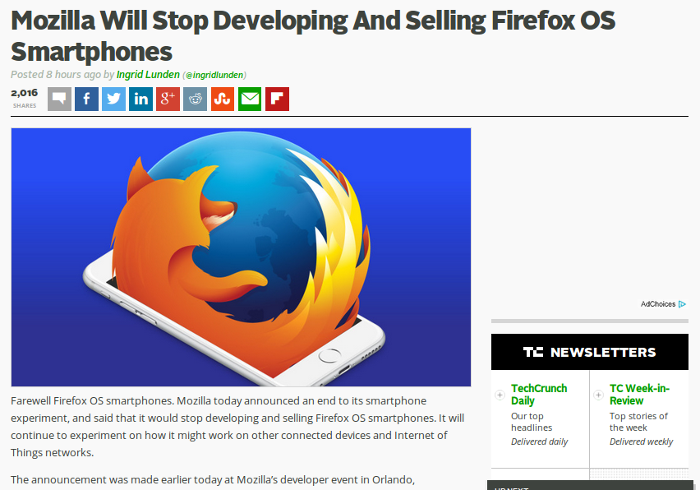 CLICKBAIT ALERT: TechCrunch says that Mozilla will Stop Developing and Selling Firefox OS Smartphones